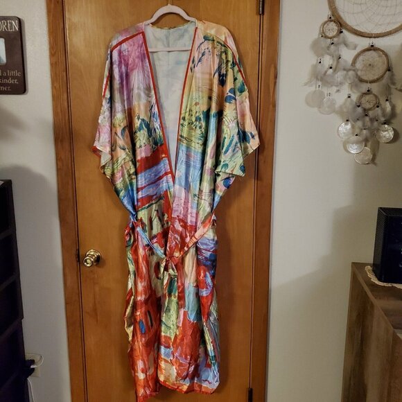Vibrant Print Robe Coverup Kimono One Size Multicolor EUC - Picture 2 of 6